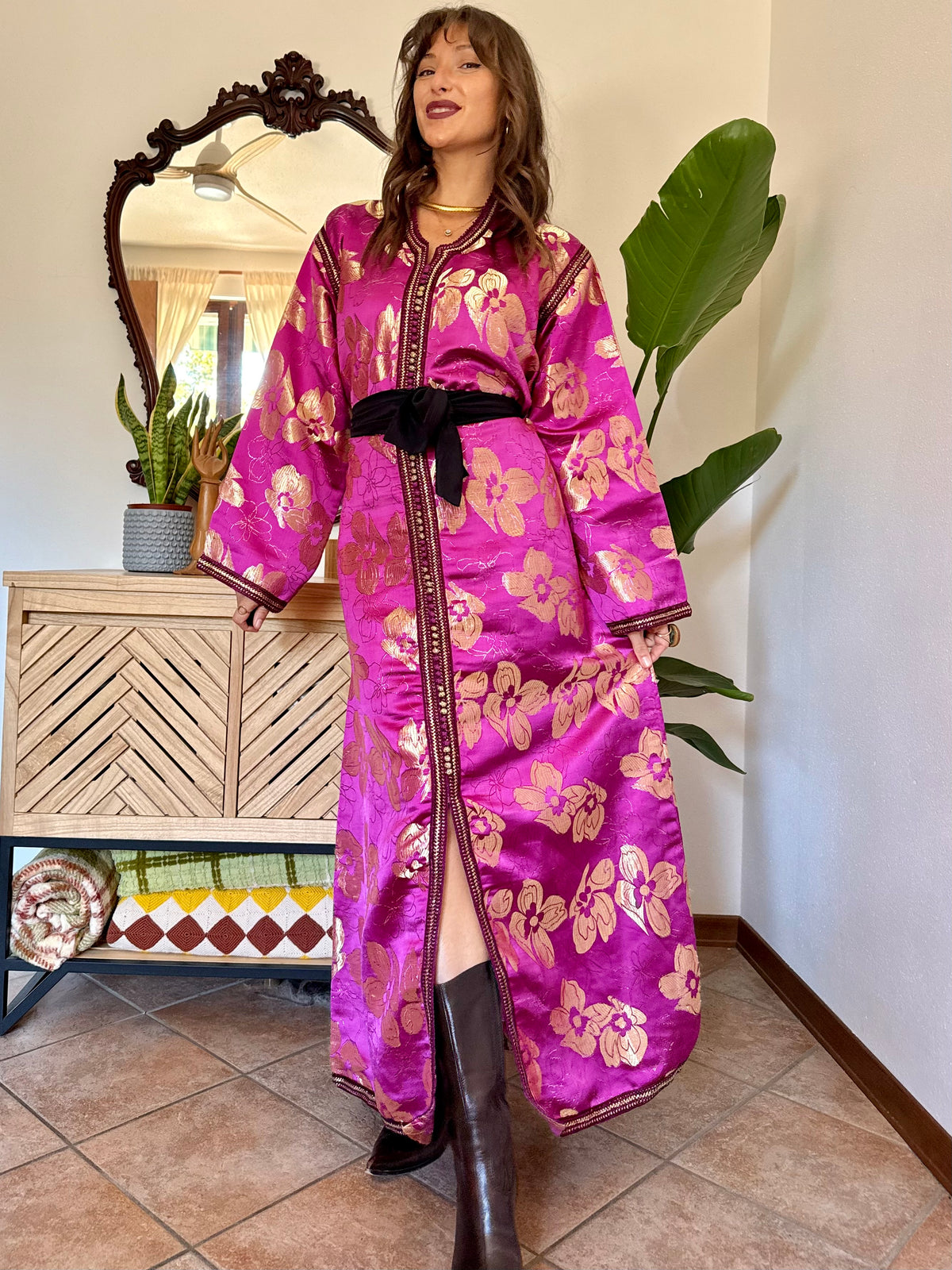 1970’s vintage fuchsia and gold floral weave brocade satin maxi dress