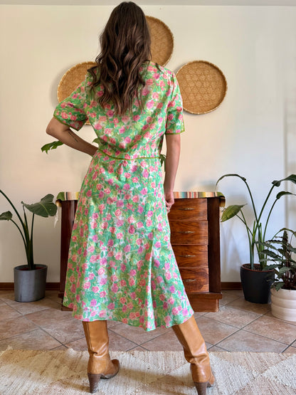 1960’s vintage semi sheer green, pink and white textured floral print midi dress