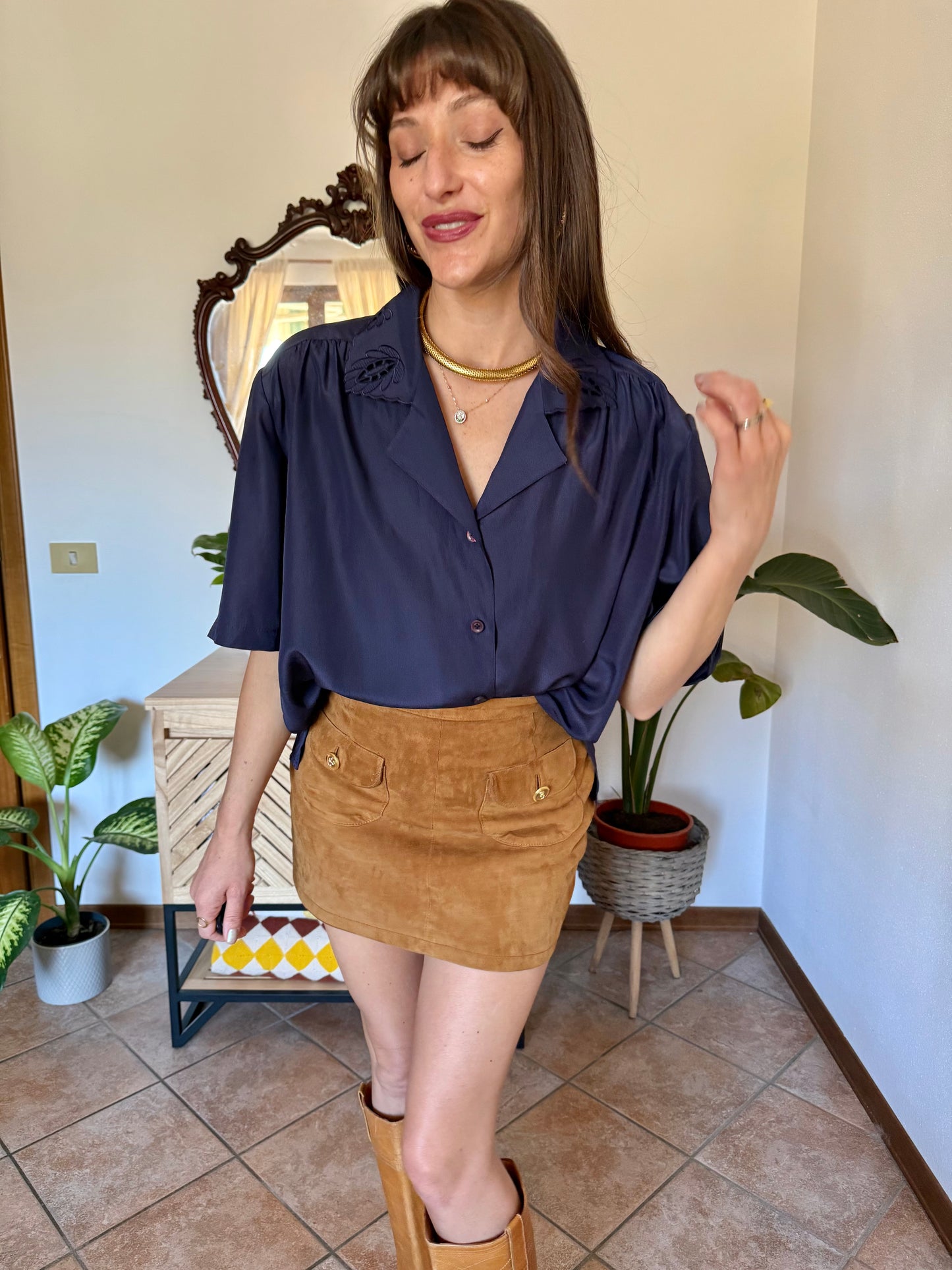 1970’s vintage navy blue blouse with floral embroidered collar