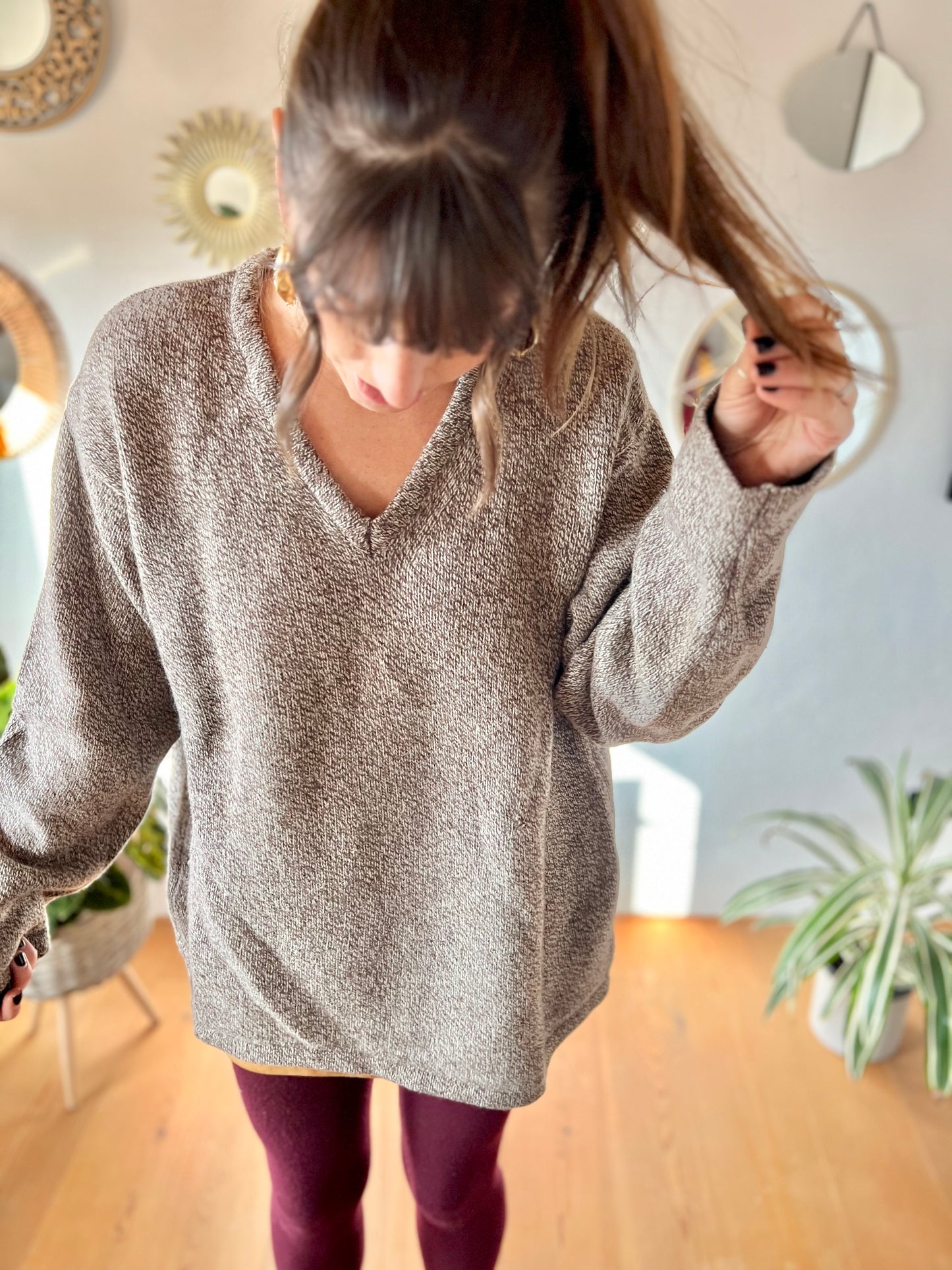 1990's vintage chocolate brown and cream speckled knit wool pullover