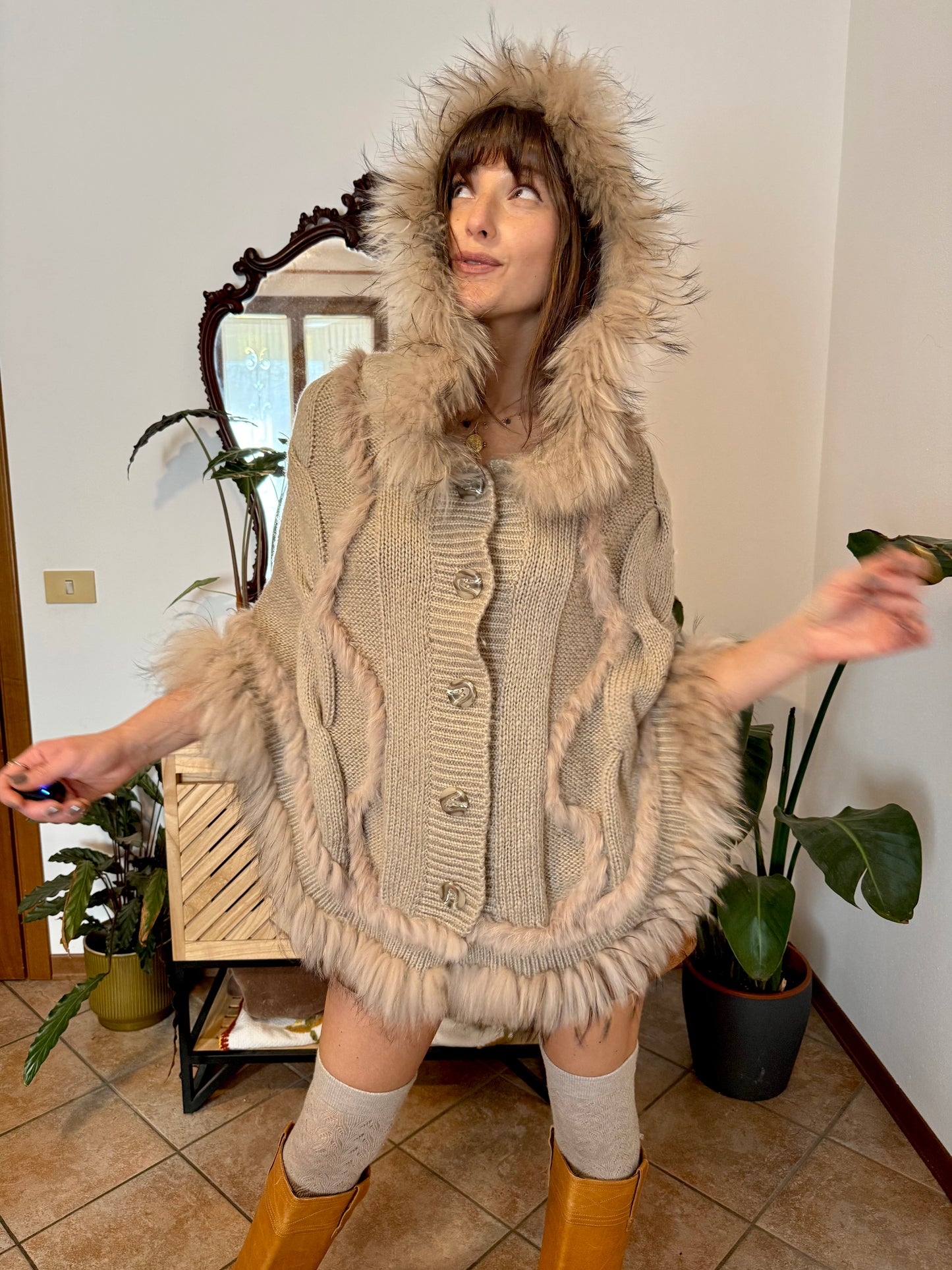 1970's vintage beige knit mohair poncho with fur trimming