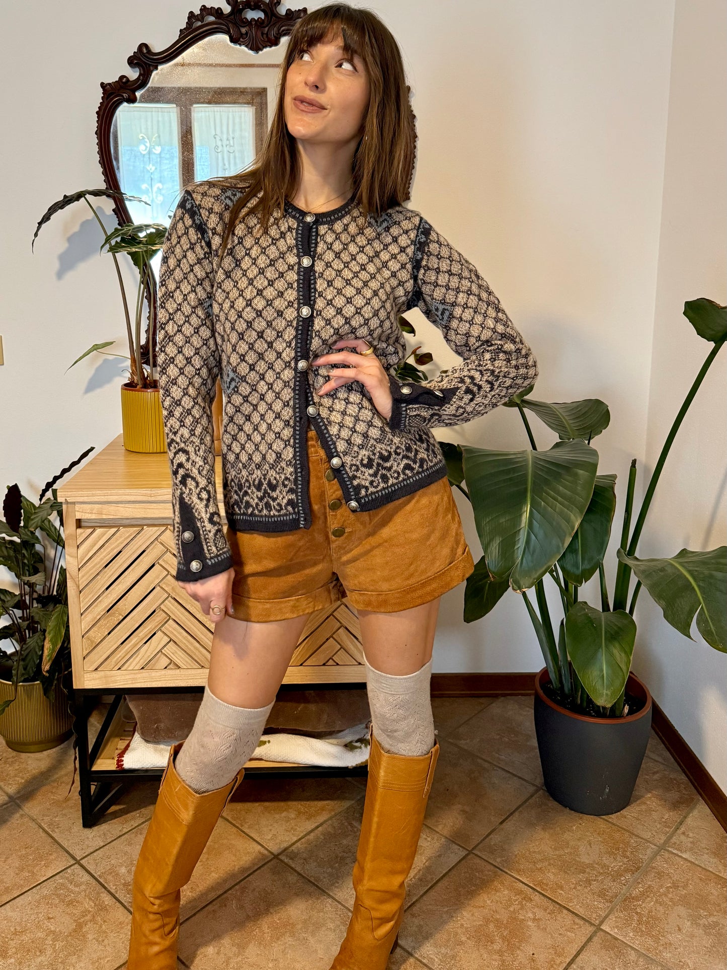 1990's vintage grey and beige alpaca knit cardigan with turquoise geometric pattern