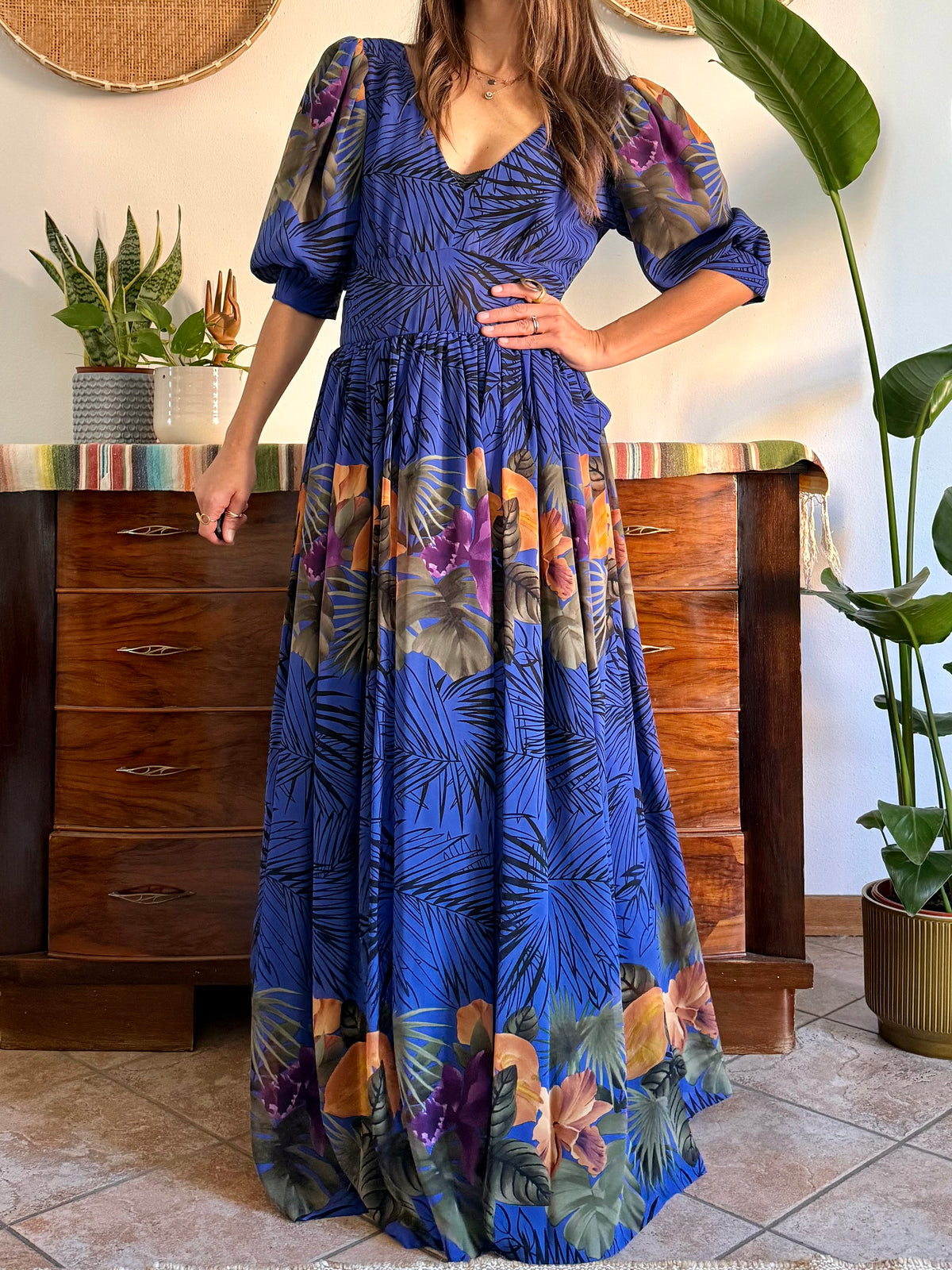 1960’s vintage blue floral silk evening gown with matching scarf and belt