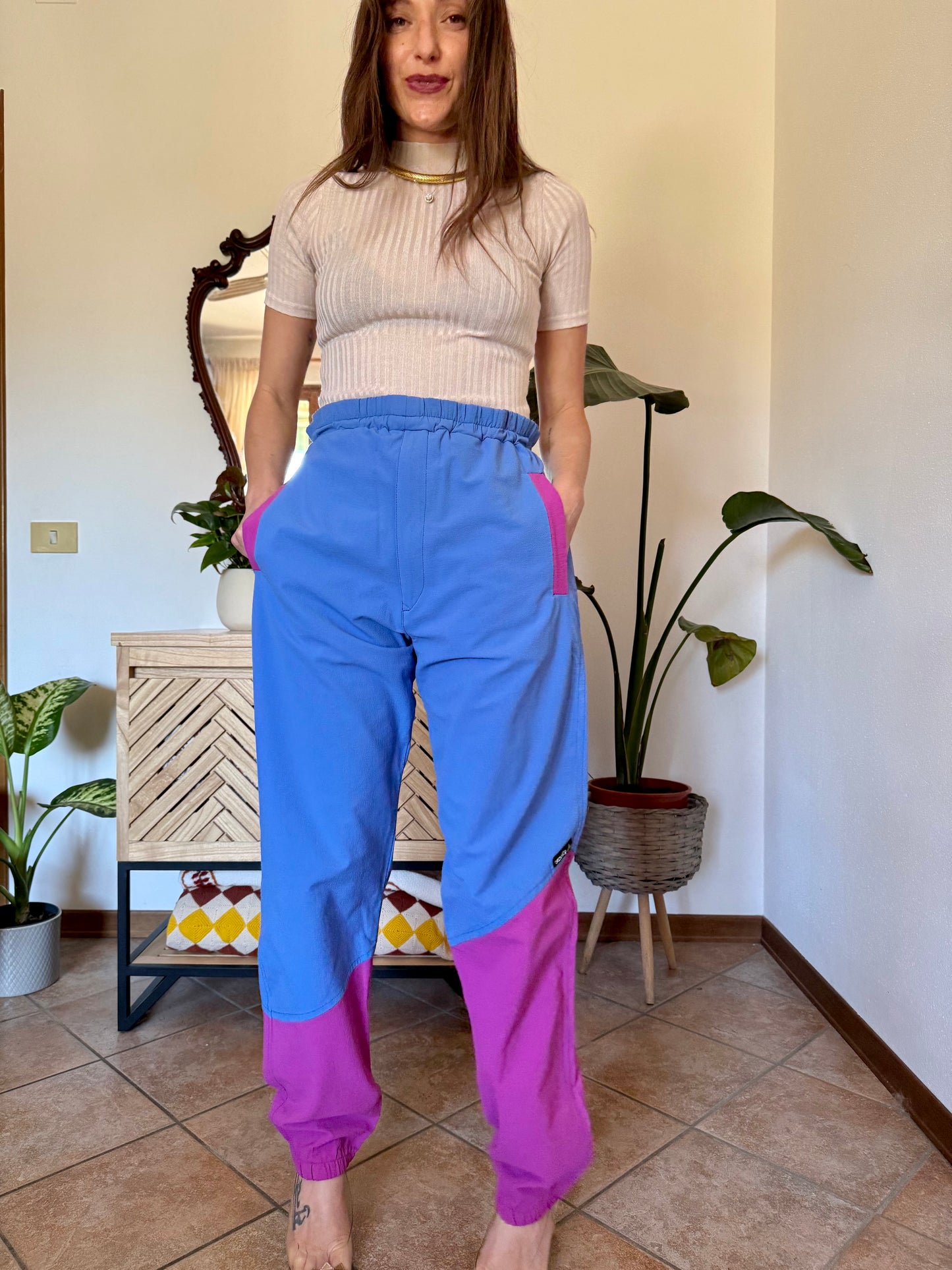 1990’s vintage blue and fuchsia wind breaker pants