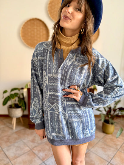 1980's vintage multi tonal blue geometric knit sweatshirt