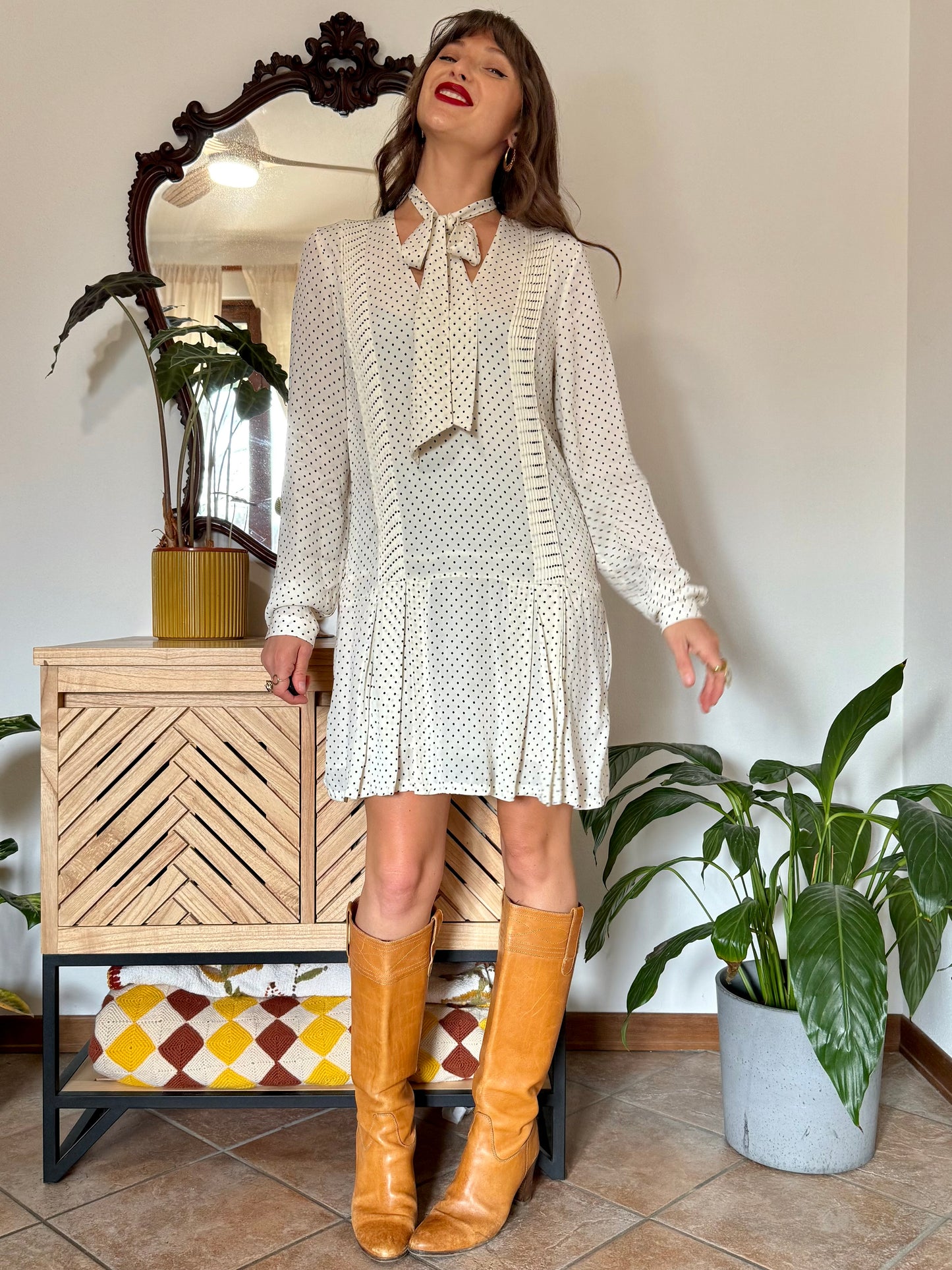 1990’s vintage cream pleated mini dress with black polkadots and bow tie neck