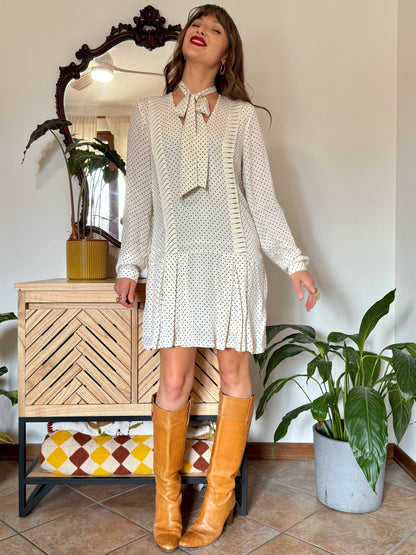 1990’s vintage cream pleated mini dress with black polkadots and bow tie neck