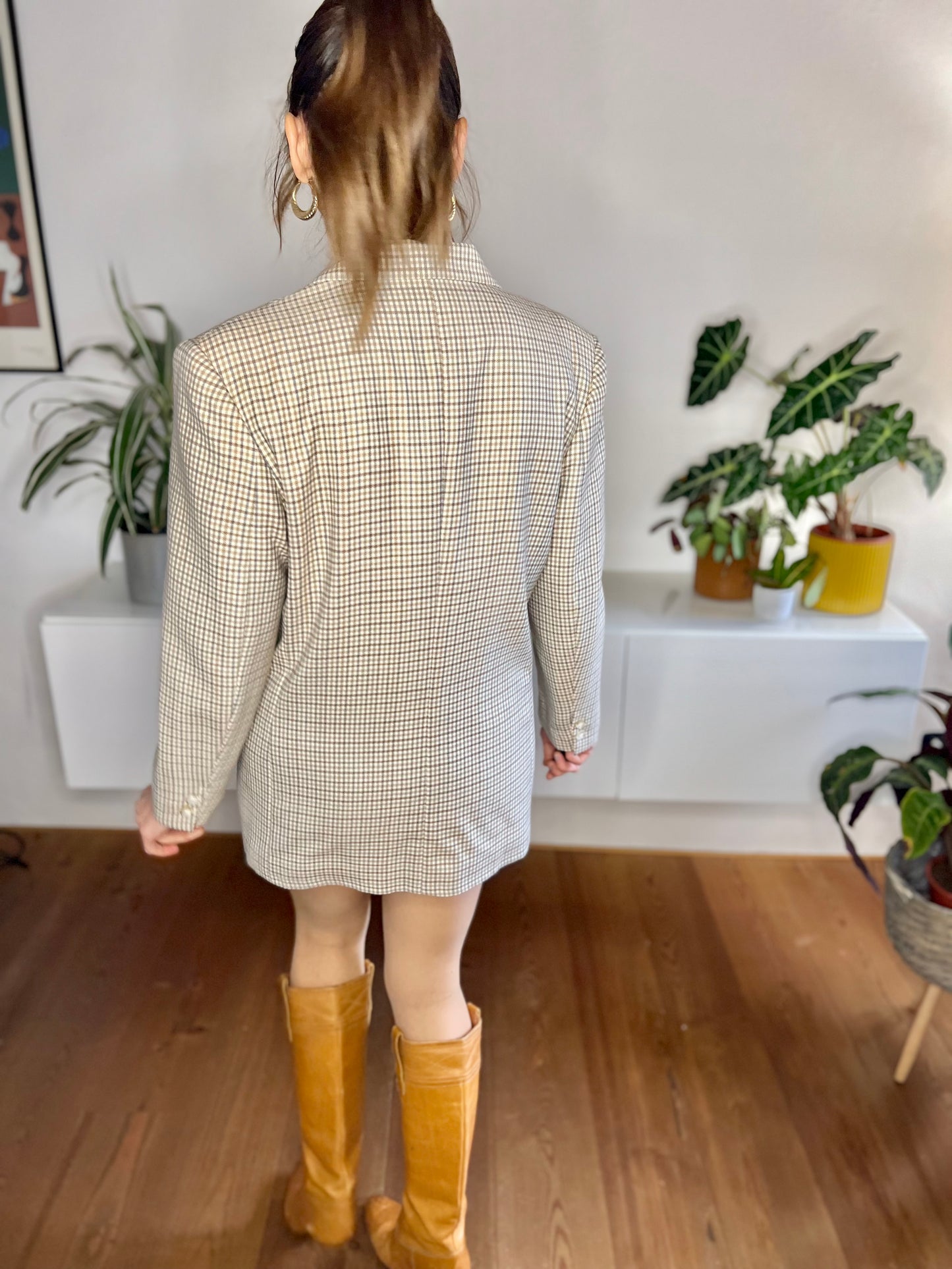 1970's vintage cream, blue and tan oversize plaid wool blazer