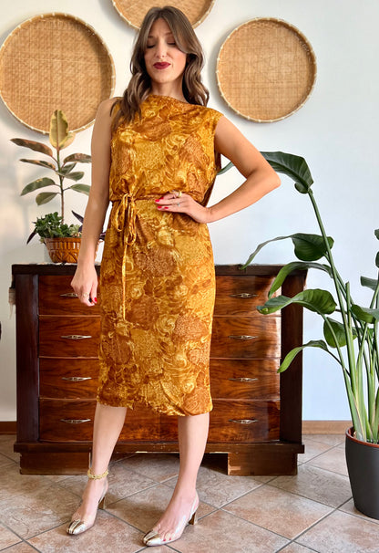 1960's vintage tan and mustard yellow floral print midi dress with cowl back