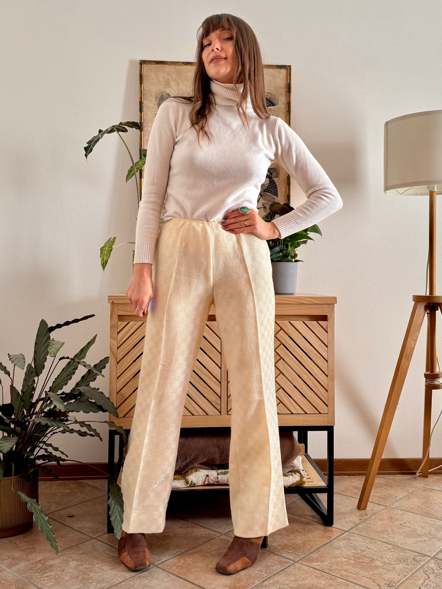 1970's vintage cream checkered weave tweed wool trousers