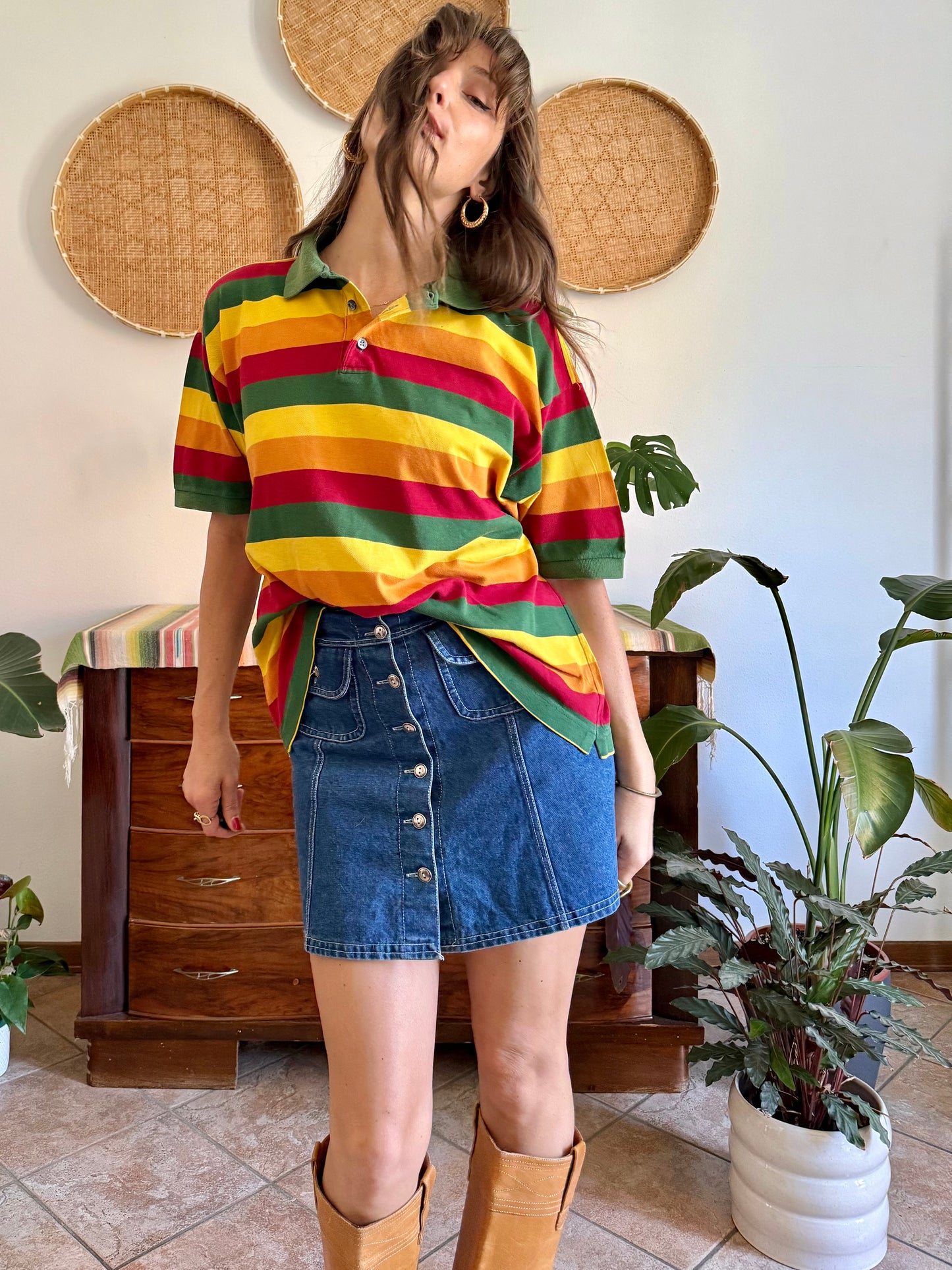 1990’s vintage red, yellow and green stripe polo