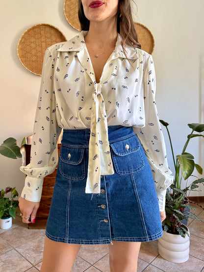 1970’s vintage cream with navy blue floral bow tie silk blouse