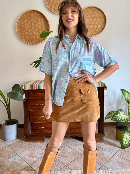 1990’s vintage lilac, turquoise and light blue geometric print blouse
