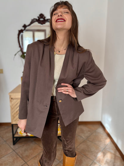 1970's vintage dark khaki brown oversize blazer with pleated shoulder details