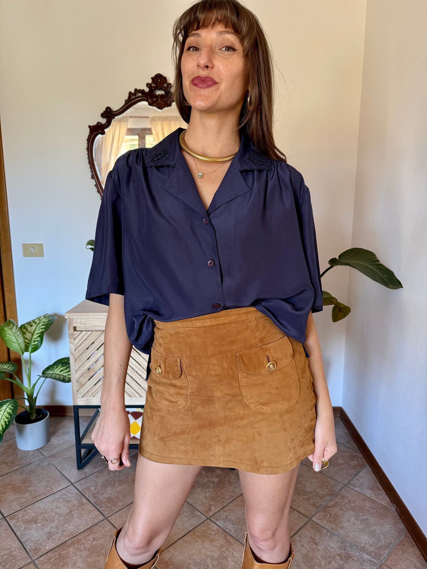 1970’s vintage navy blue blouse with floral embroidered collar