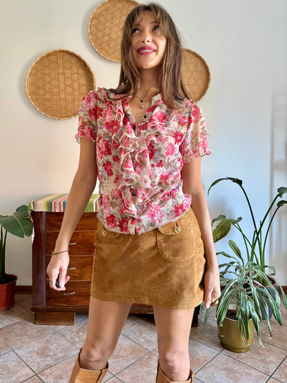 Y2K vintage pink floral ruffle silk blouse