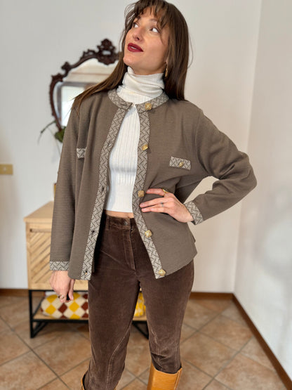 1980's vintage khaki wool cardigan with cream geometric knit pattern and square brass buttons