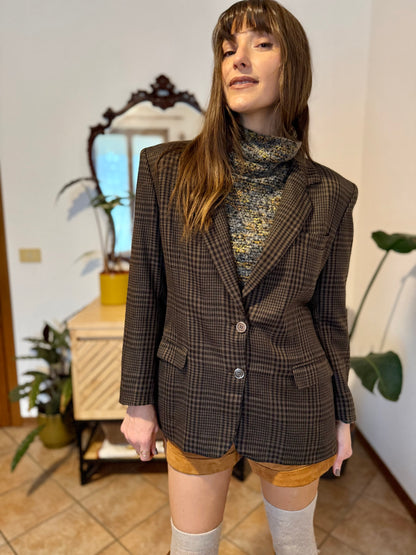 1990's vintage cashmere, wool and silk blend chocolate brown and blue blazer