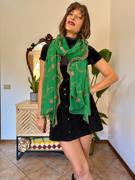 1979’s vintage semi sheer silk shawl with multicolor floral embroidery