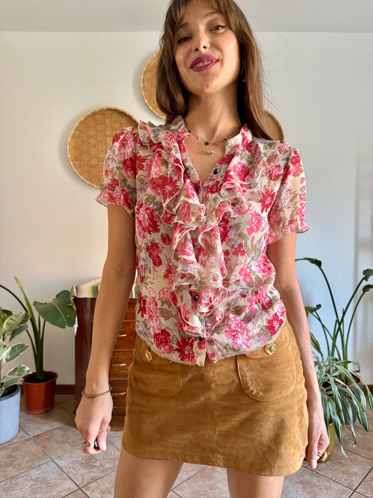 Y2K vintage pink floral ruffle silk blouse