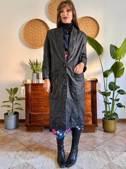 1990’s vintage butter soft black leather trench coat with lapel detail