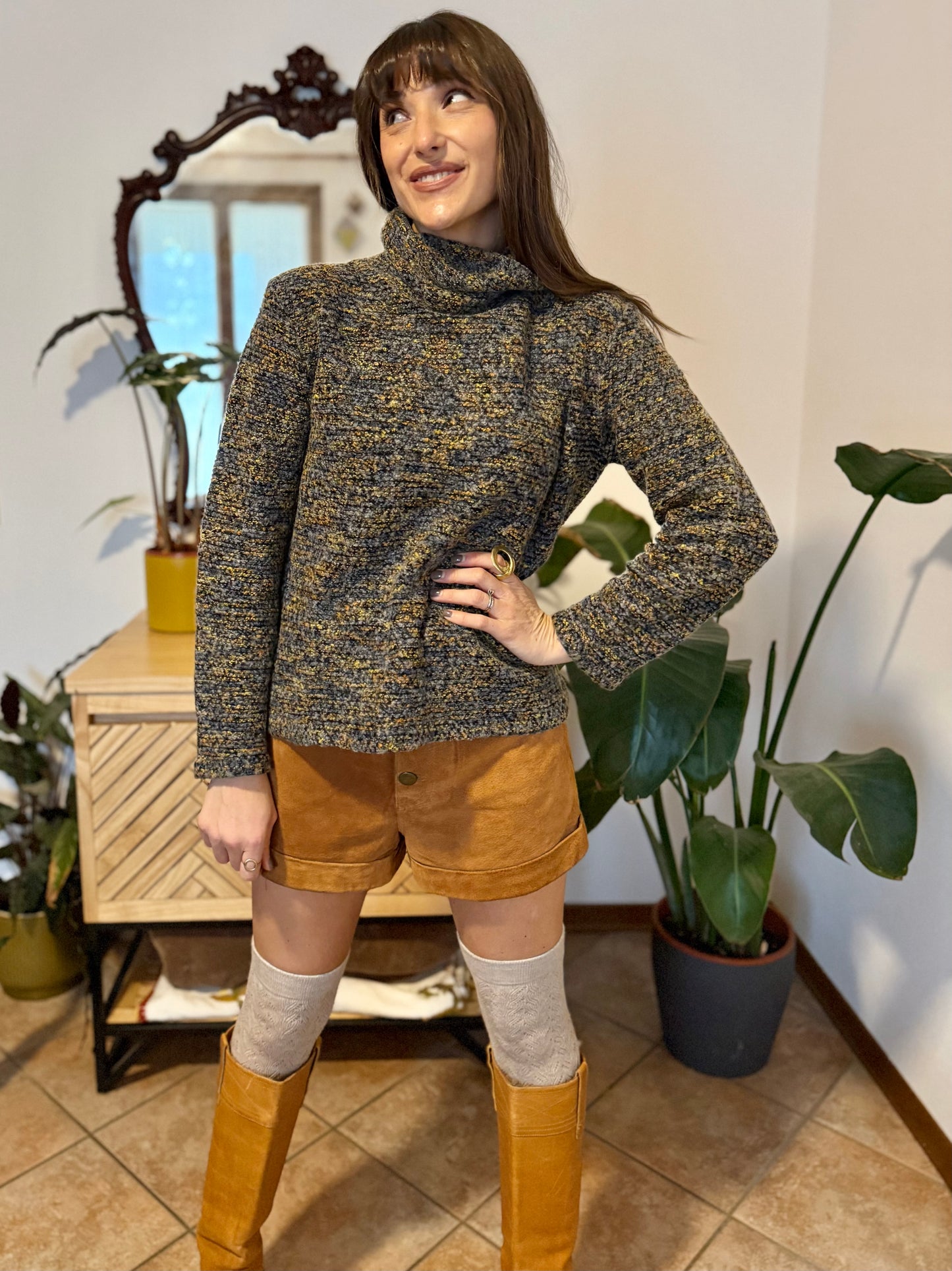 1990's vintage charcoal grey, yellow and blue boucle knit turtleneck pullover