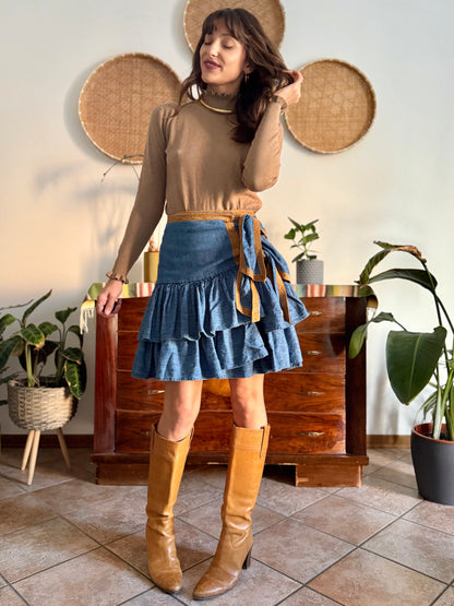 1990's vintage western ruffle denim mini skirt with tan details
