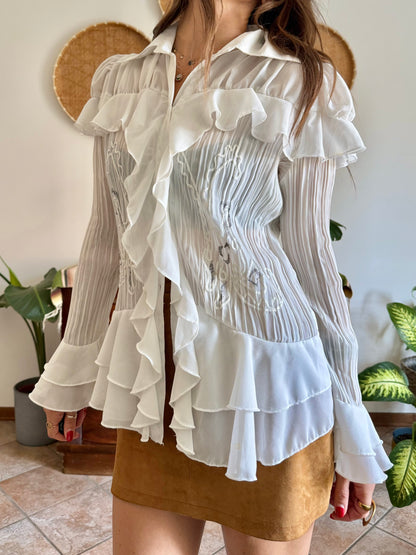 1990’s vintage sheer white silk blend textured ruffle blouse with bell sleeves and floral embroider