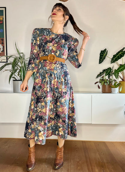 1970's vintage blue and rose coloured floral maxi dress