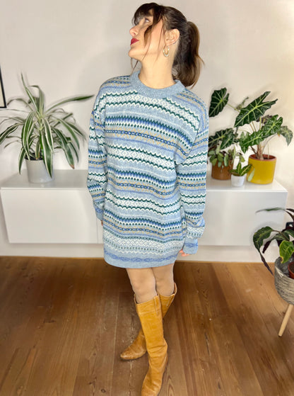 1970's vintage turquoise and blue stripe knit wool sweater dress