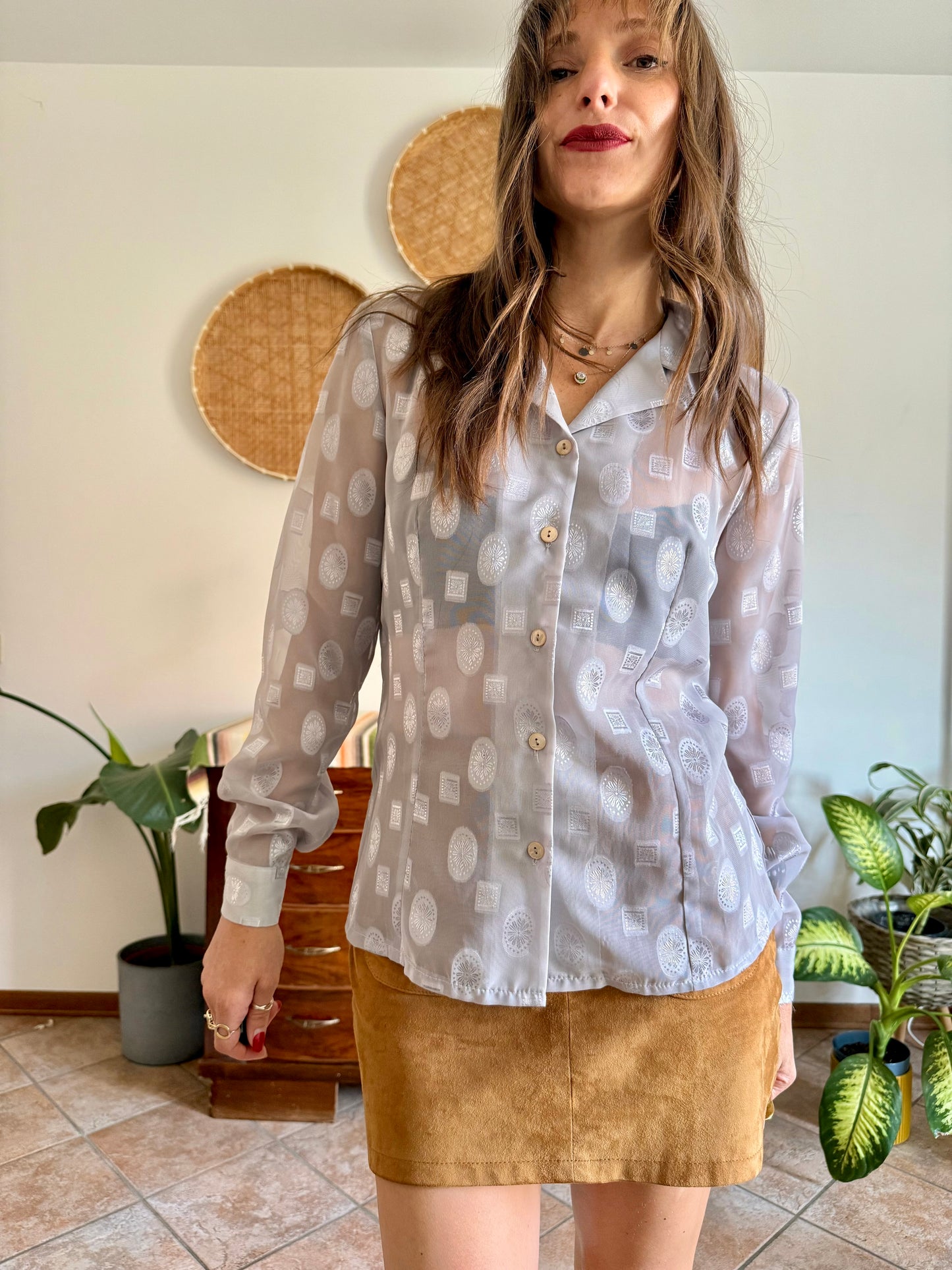 1970’s silver sheer textured weave floral blouse