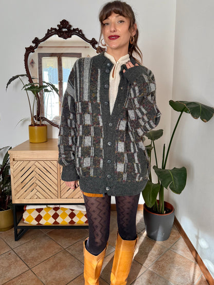 1970’s vintage grey cardigan with burgundy and yellow knit geometric pattern
