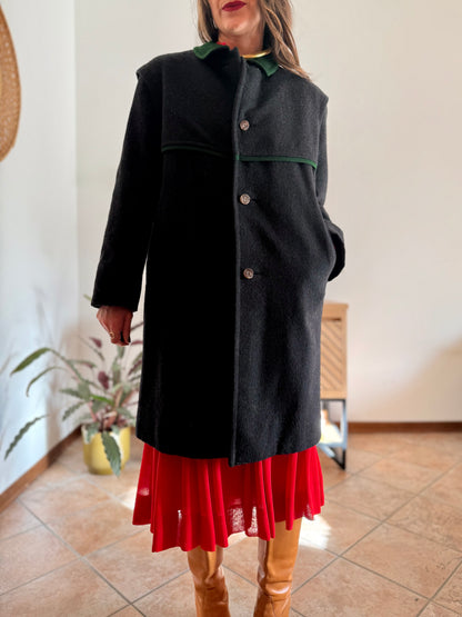 1950's vintage charcoal grey tyrol coat with green trimming and red and green plaid wool lining