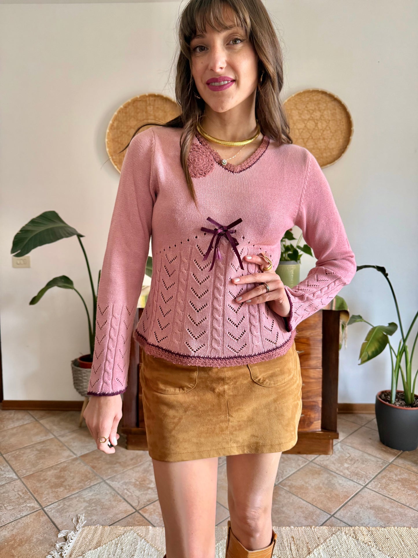 Y2K vintage pink knit bell sleeve knit pullover with bow details