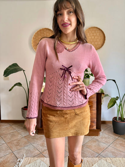 Y2K vintage pink knit bell sleeve knit pullover with bow details