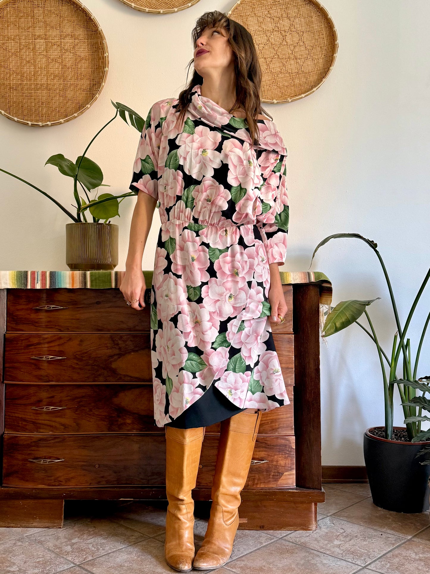 1960’s vintage pink, green and black silk floral print dress