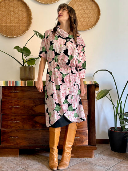 1960’s vintage pink, green and black silk floral print dress