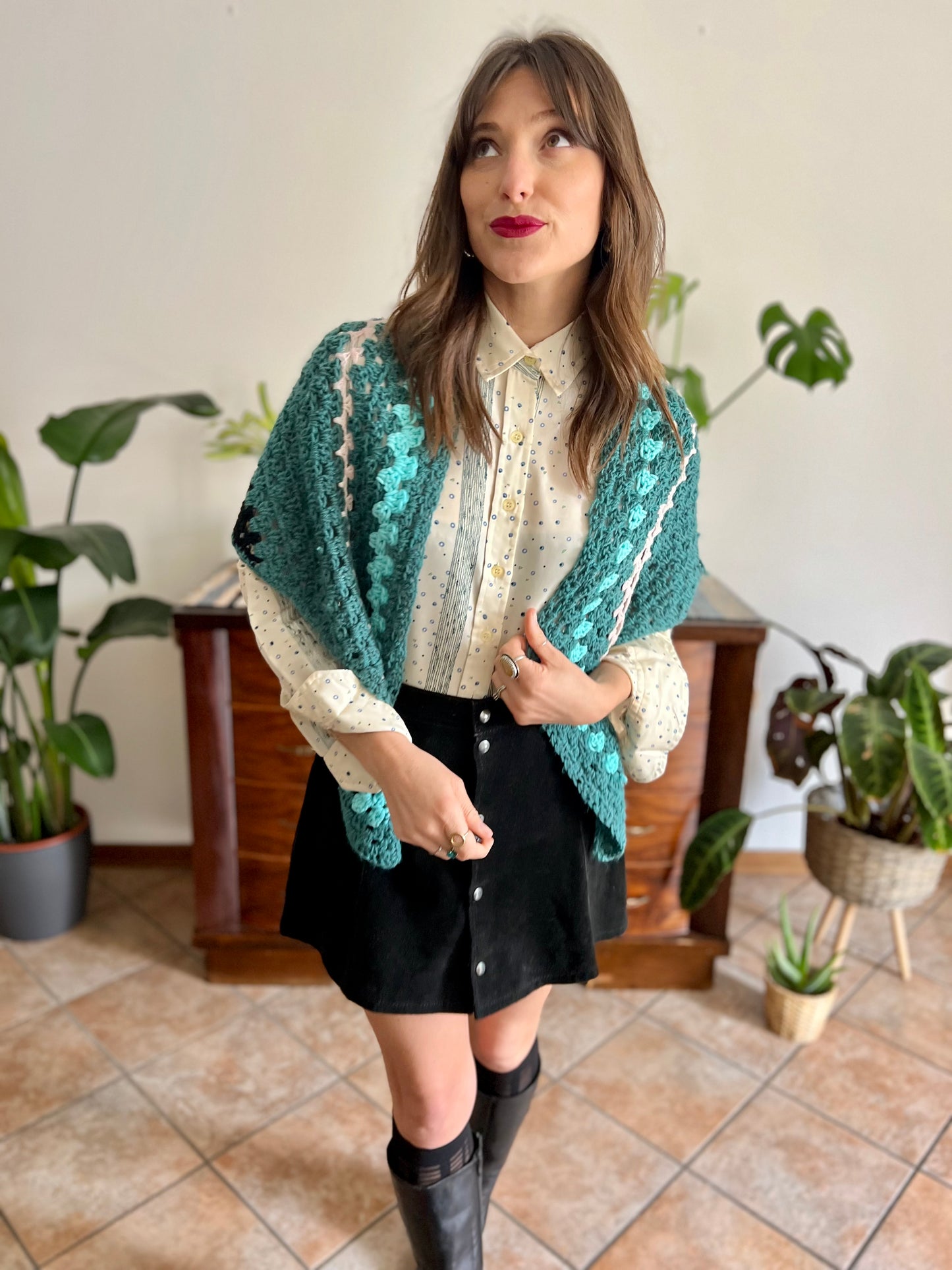 1970's vintage hand knit wool teal , black and yell stripe knit shawl