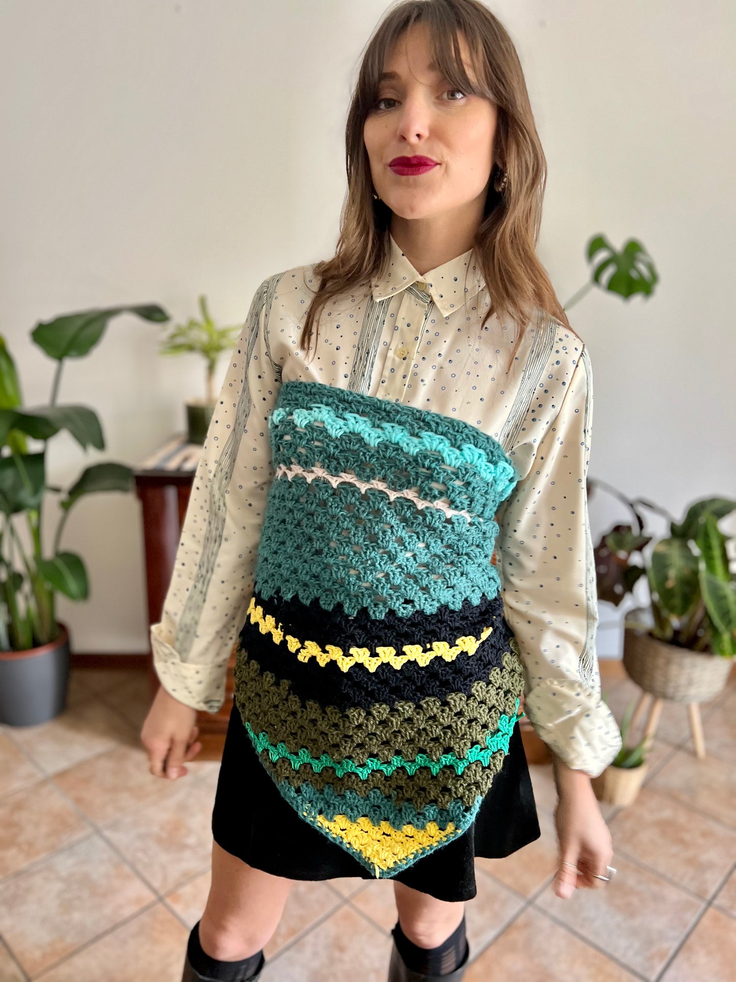 1970's vintage hand knit wool teal , black and yell stripe knit shawl