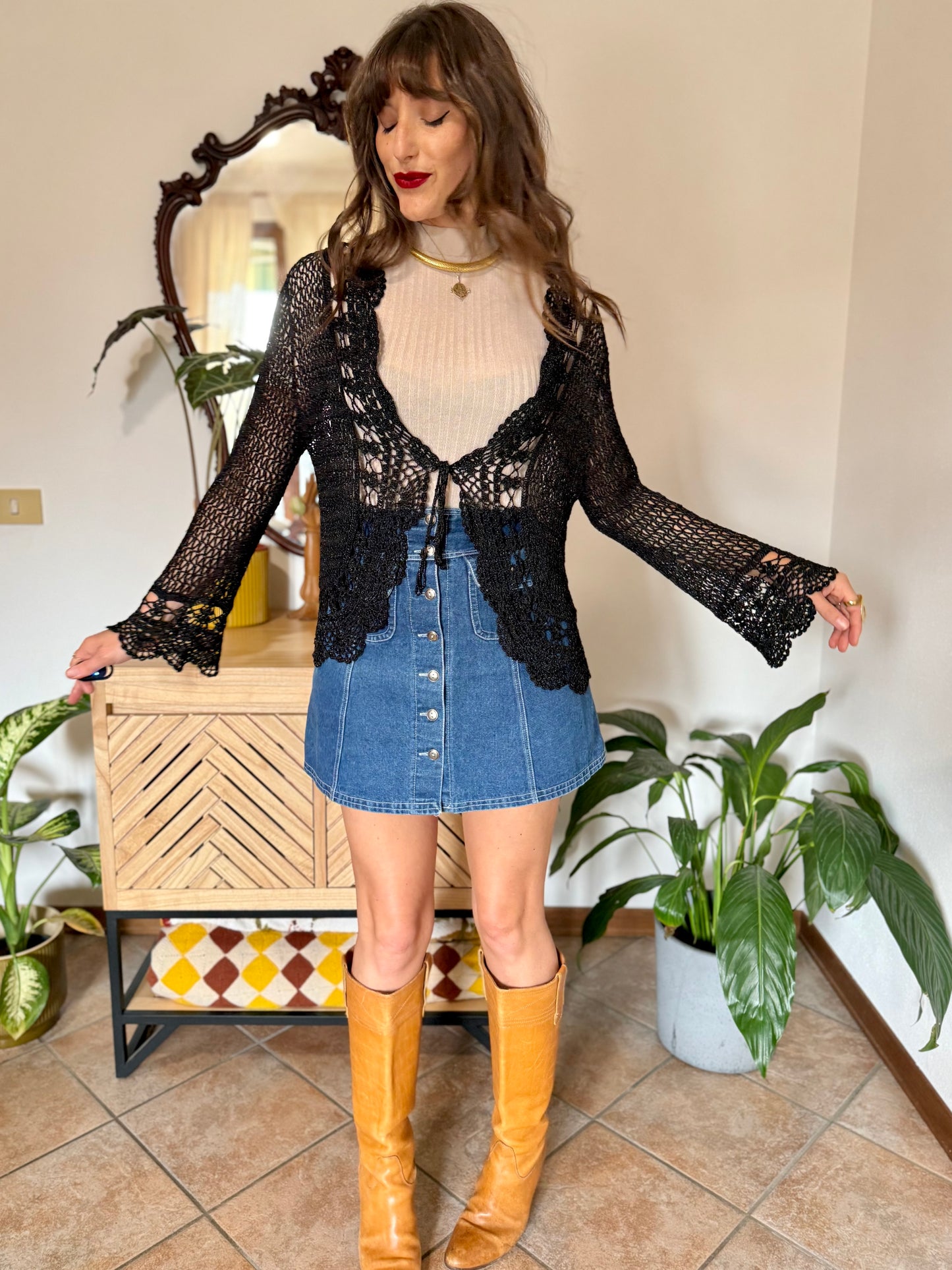 Y2k vintage black bell sleeve crocheted cardigan with silver thread accents