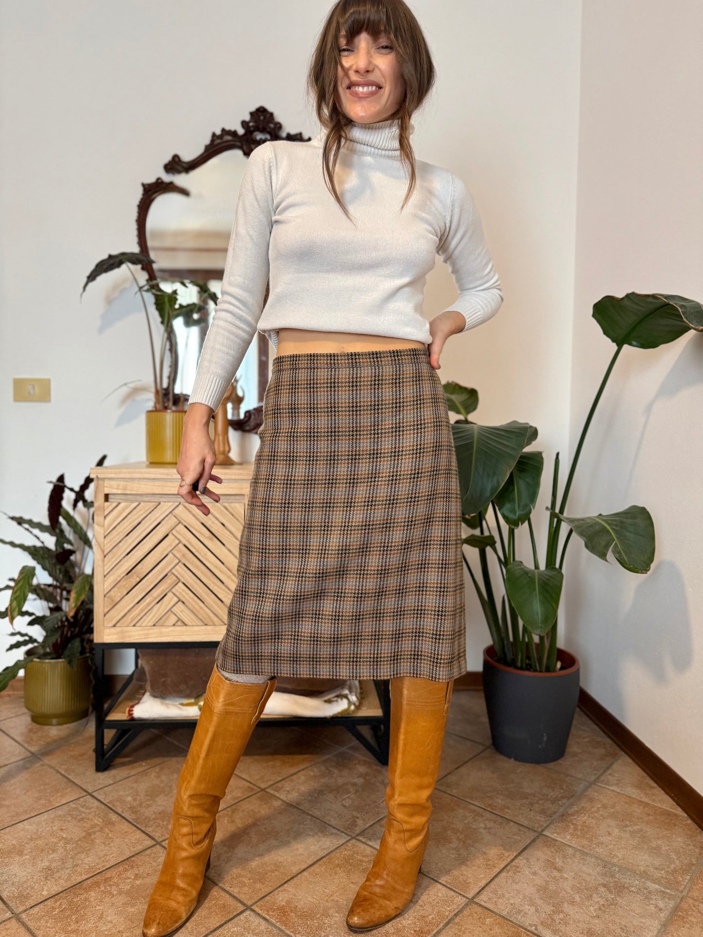1970's vintage chocolate brown, green and blue plaid wool midi skirt