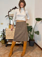 1970's vintage chocolate brown, green and blue plaid wool midi skirt