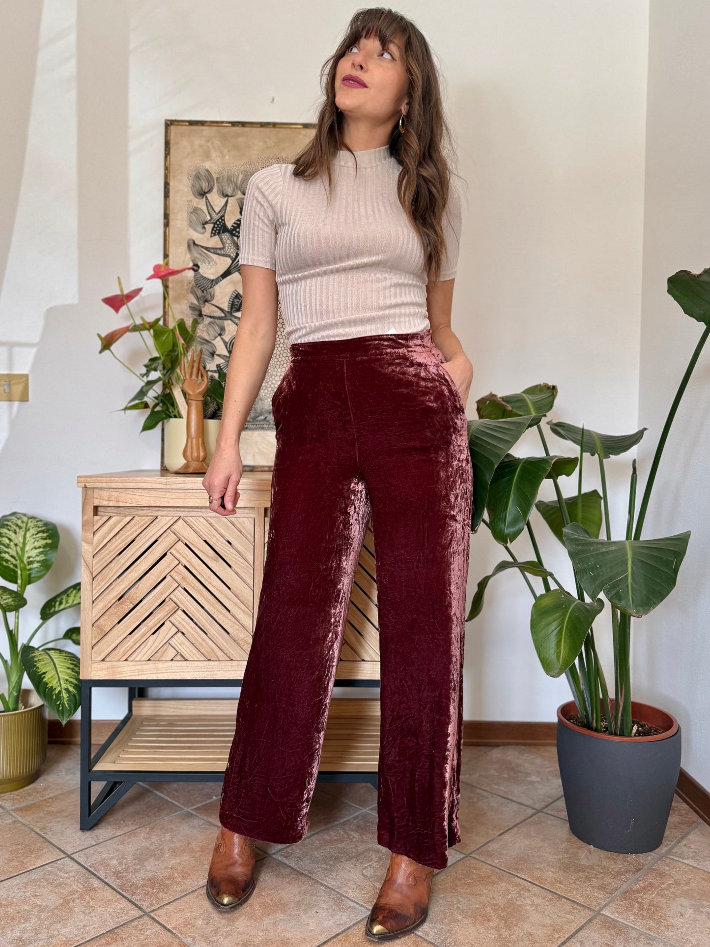 Burgundy crushed velvet wide leg trousers