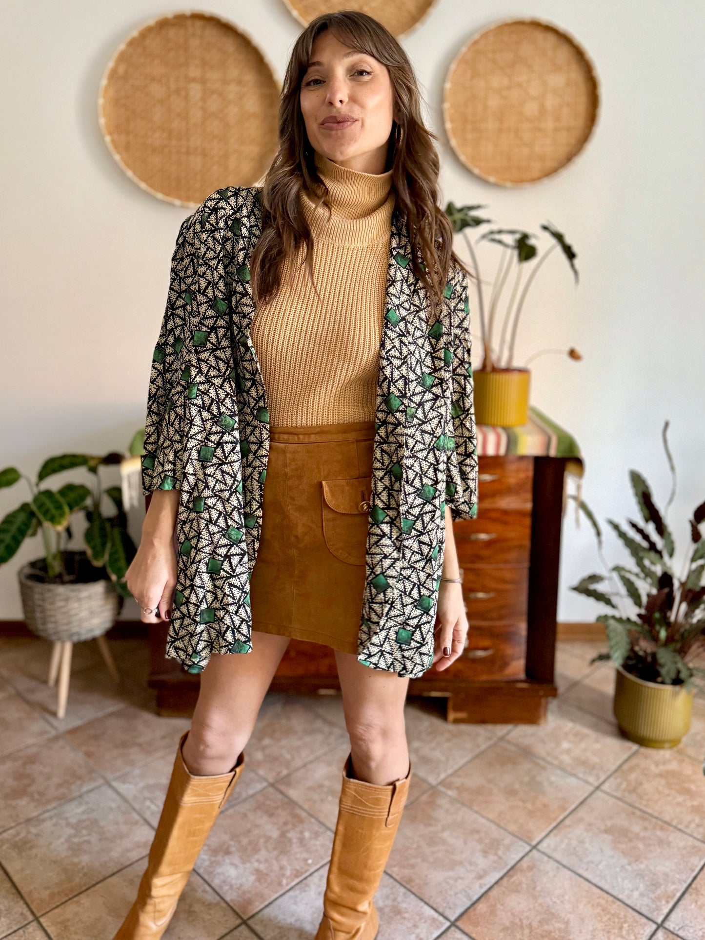 1970's vintage tan, black and green geometric print satin jacket