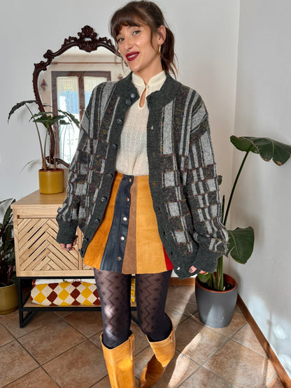 1970’s vintage grey cardigan with burgundy and yellow knit geometric pattern