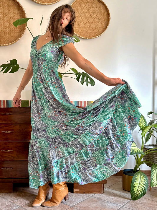 1970’s vintage silk teal with multicolor geometric print prairie maxi dress