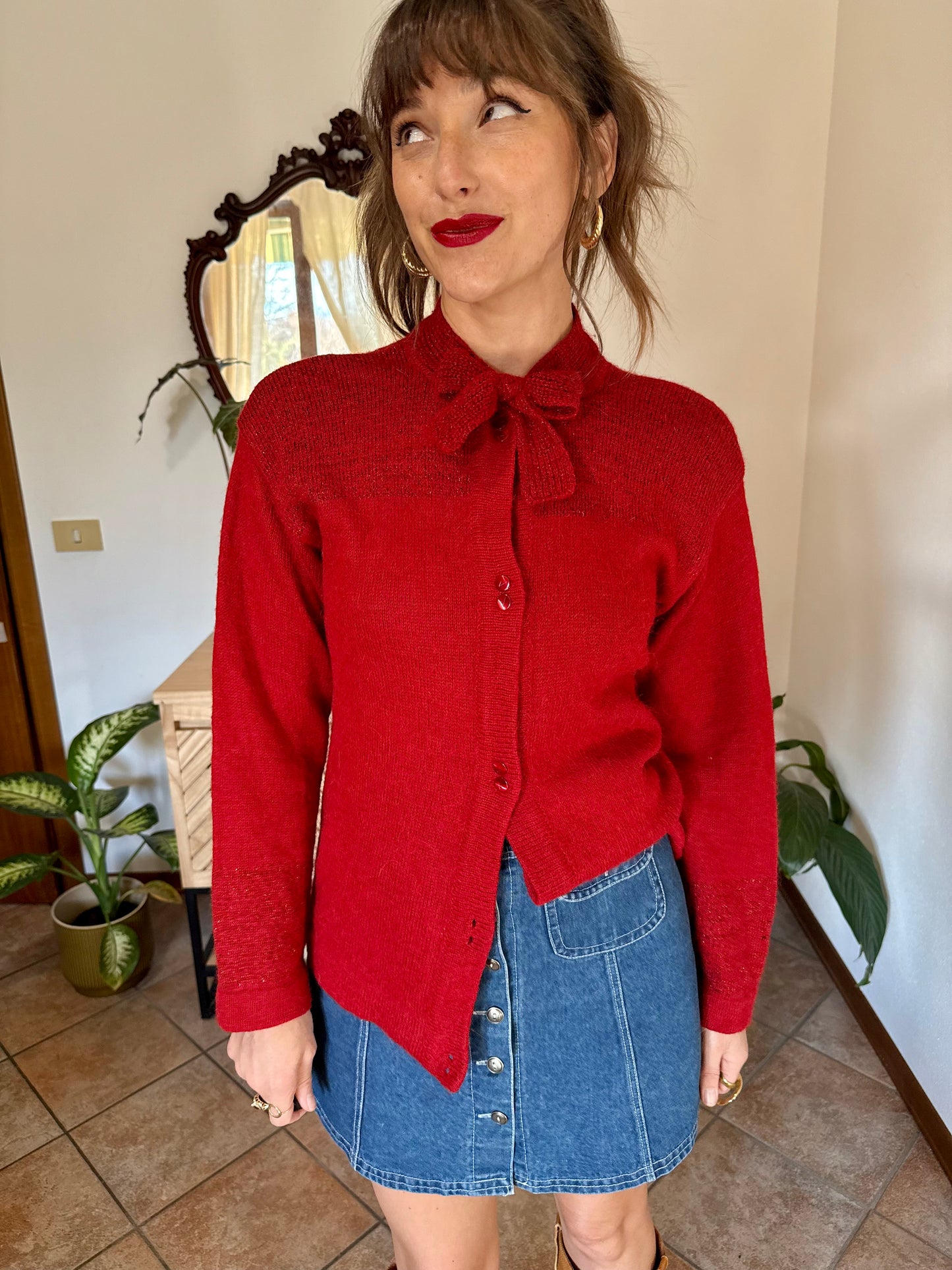 1960’s vintage cherry red hand knit wool cardigan with bow detail