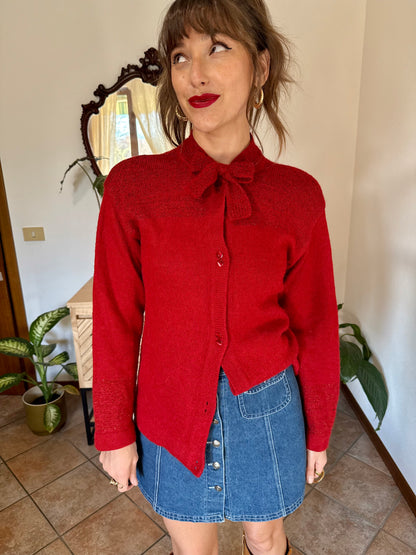 1960’s vintage cherry red hand knit wool cardigan with bow detail