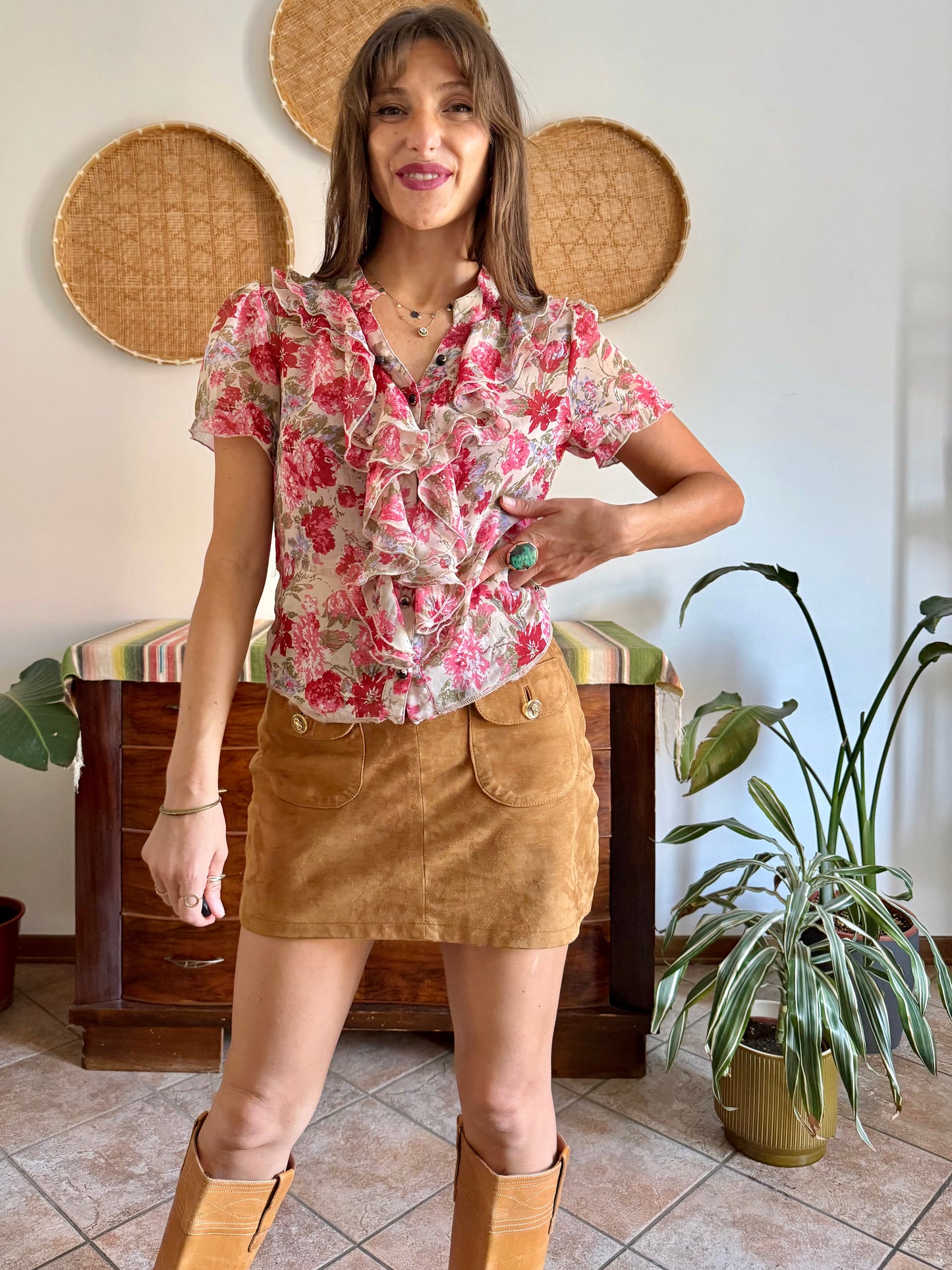 Y2K vintage pink floral ruffle silk blouse