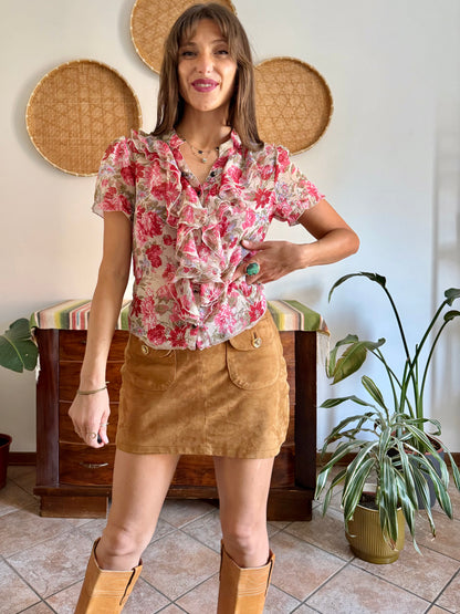 Y2K vintage pink floral ruffle silk blouse
